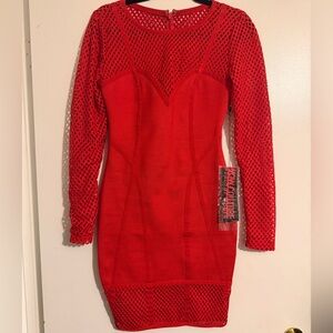 Red Mesh Long Sleeve Dress